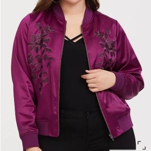 TORRID - PURPLE SATIN EMBROIDERED BOMBER JACKET